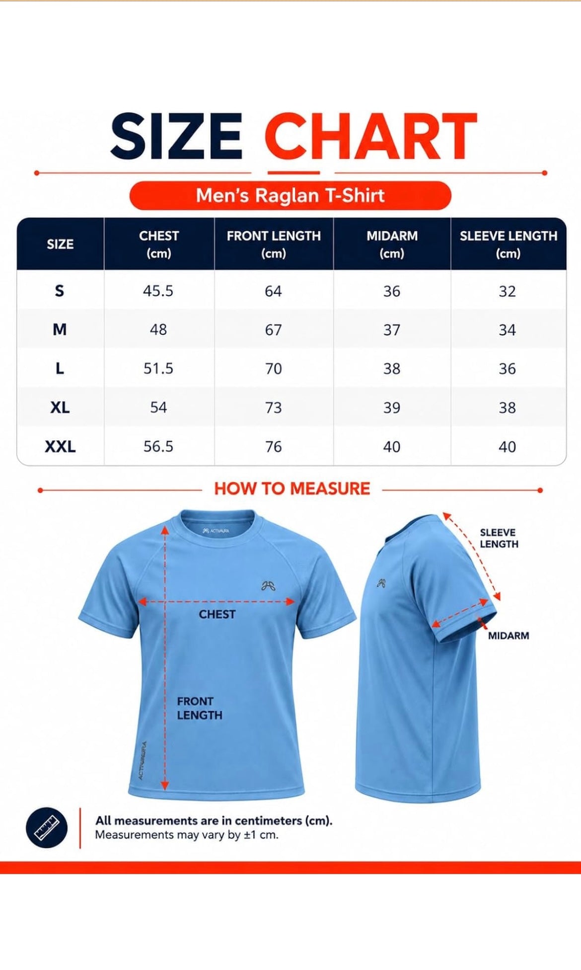 Activaura Raglan Tee - Size Chart